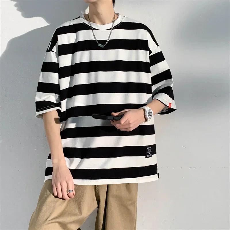 Men's Cotton T-shirt Striped Mens Oversized T Shirts Split Hem Fashion Tee Shirts Casual Wear Summer Tshirt 5XL Big Size for Man