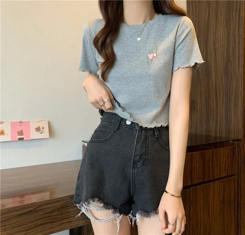 Summer Embroidered Short T-shirt Women Wooden Edge Irregular Slim Short Sleeve Top Plant Pattern Fiber Fabric Elegant Style