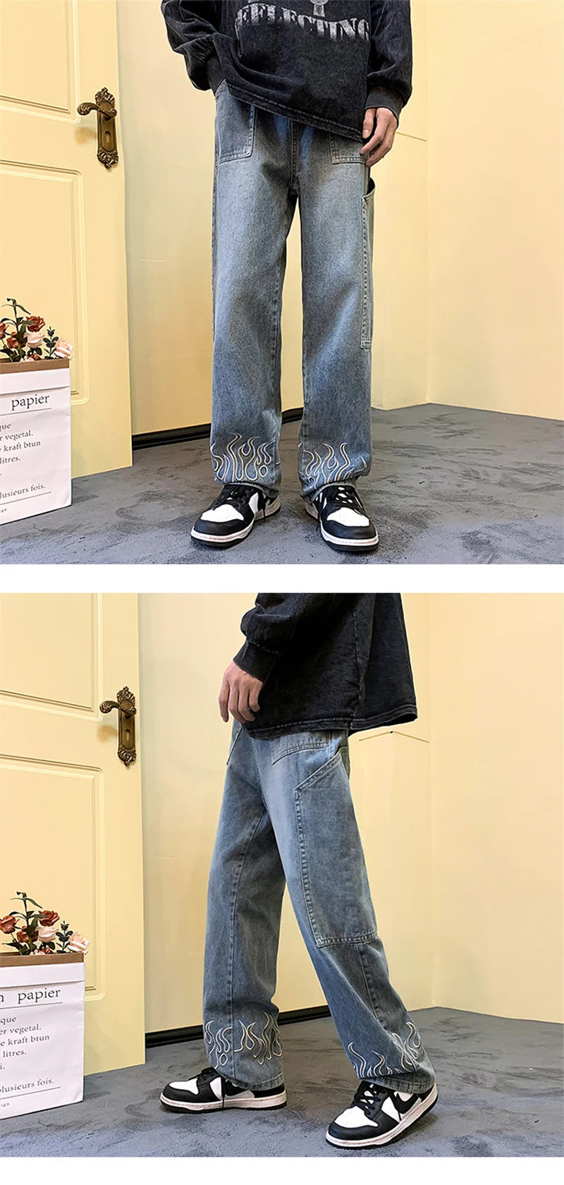 Y2K Vintage Flame Printed Jeans For Men Baggy Streetwear Wide Leg Denim Trousers 2024 New Hip Hop Fashion Straight Pantalones