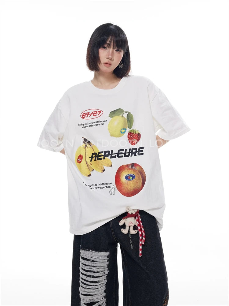 LOTDOOTN Retro American Fun Fruit Print White Short Sleeve Women T-shirts Summer Loose Pure Cotton Half Sleeve Trendy Streetwear