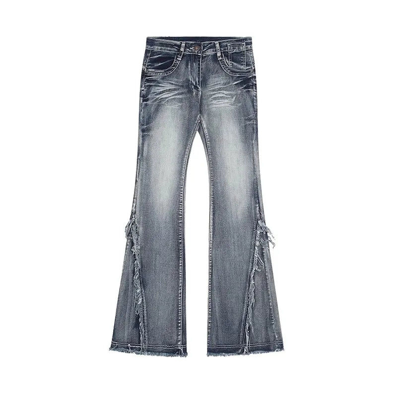 WCFCX STUDIO High Quality American Vintage Clothes Raw Edge Design Flared Jeans For Women Patchwork Autumn Denim Y2k Pants 2023