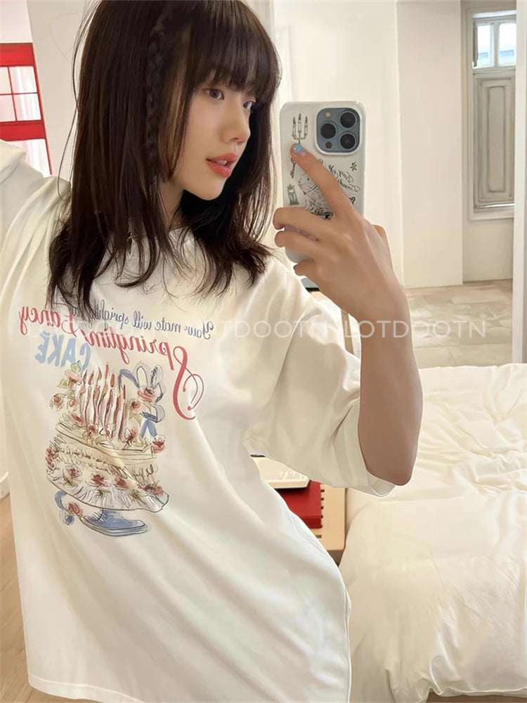 LOTDOOTN Loose Short Sleeve T-Shirt Cake Print Sweet Design Korean Casual Cotton Crew Neck Tops Female Summer Fashion Tee Shirts