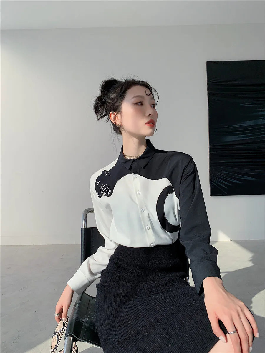 CHEERART Leopard Embroidered Long Sleeve Shirts And Blouses Women White Button Up Fall 2024 Designer Clothes Tops Fashion