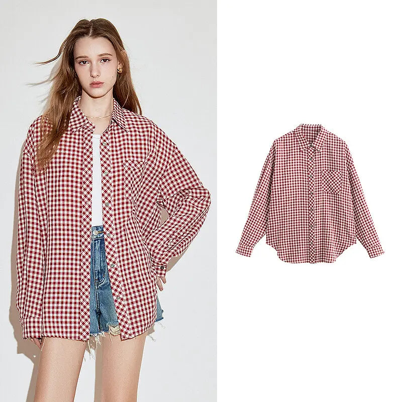 TOYOUTH Women Long Sleeve Blouse Shirt 2025 Spring New Cotton Plaid Retro Turn Down Collar Casual Shirt Tops