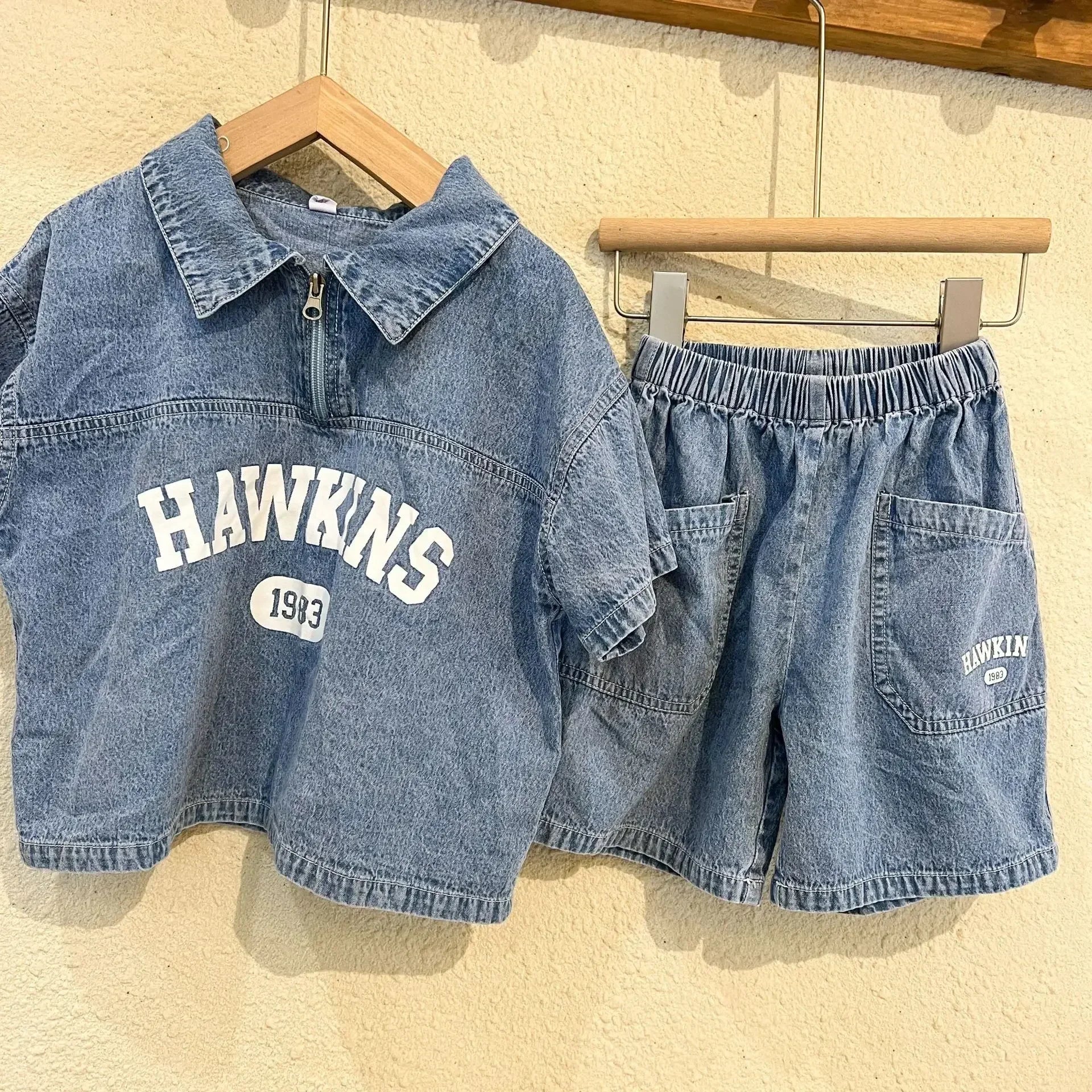5816C  Children's Clothing Set Denim Suit 2023 Summer Casual Boy's Denim Suit Letter Print Top+ Shorts