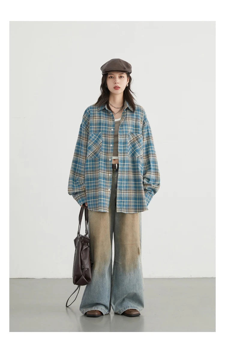 CHIC VEN Women's Cotton Shirt Single Breasted Loose New Retro Color Blocked Grid Female Blouses Autumn Spring 2024