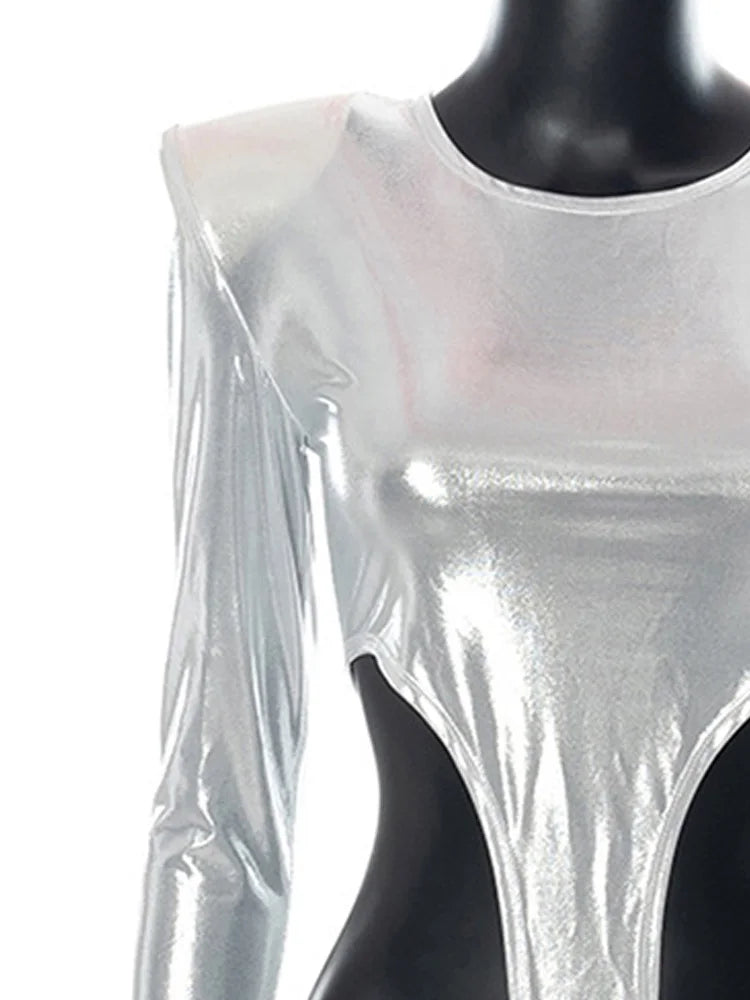 Shoulder Pads Metallic Asymmetrical Sexy Bodysuit Casual Playsuit Soild Splicing Lady Jumpsuit Slim Fit O-Neck Streetwear Tops