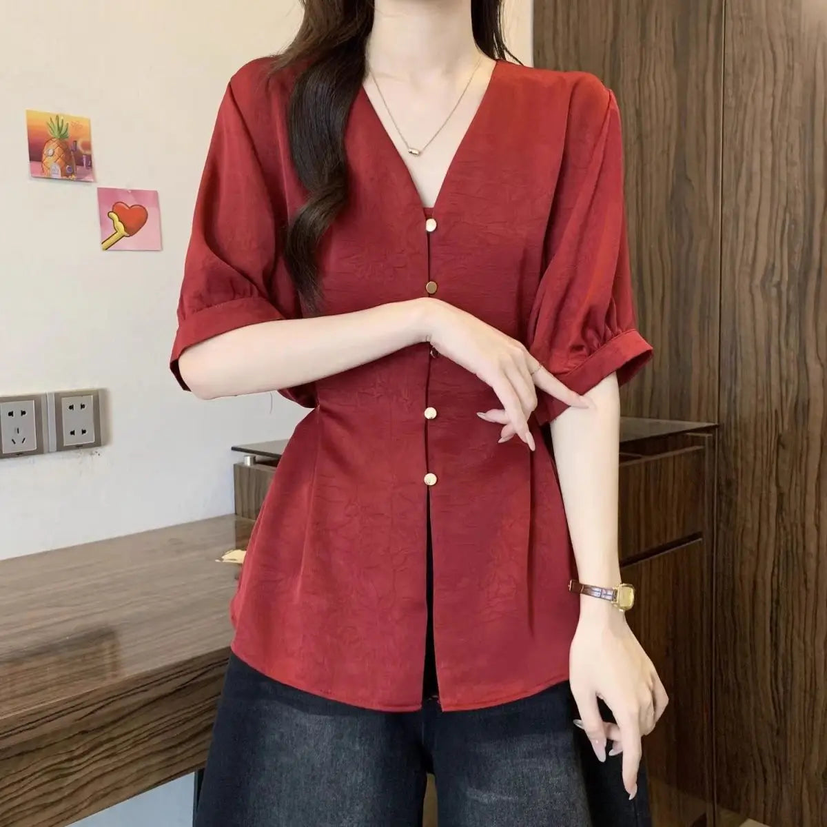 Women Clothes Summer Fashion Korean Button Solid Color V-neck Puff Sleeve Female Simplicity Elegant Temperament Short Sleeve Top