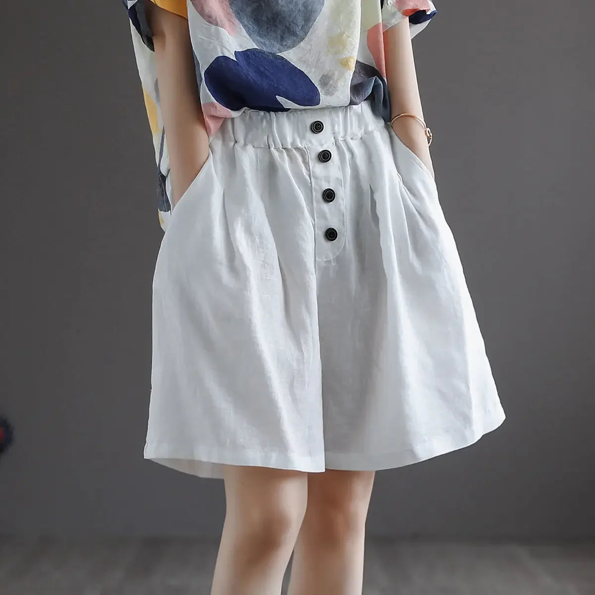 Vintageartistic High-waisted Slimming Cotton Linen Shorts For Women Casual Loose-fit Bell Bottoms 2024 New Style