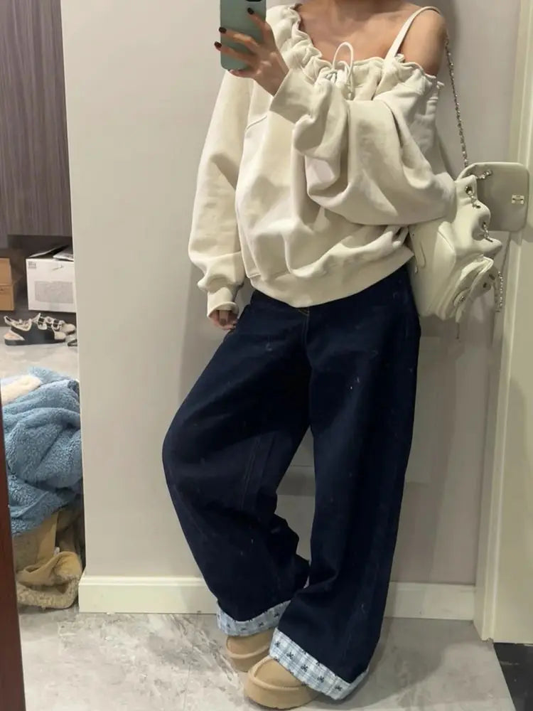 High Waist Turn-Up Wide Leg Straight Denim Pants Women Summer Japanese High Street Bow Knot Plaid Design Casual Patchwork Jeans