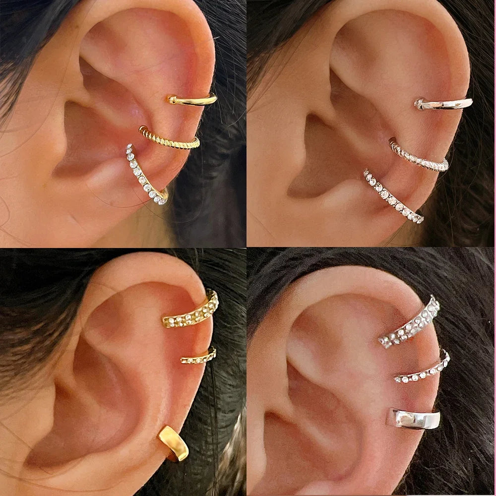 3PCS Vintage Simple Metal Crystal Ear Cuff for Women Teens Gold Color Non Piercing Fake Cartilage Clip Earrings Set Jewelry Gift