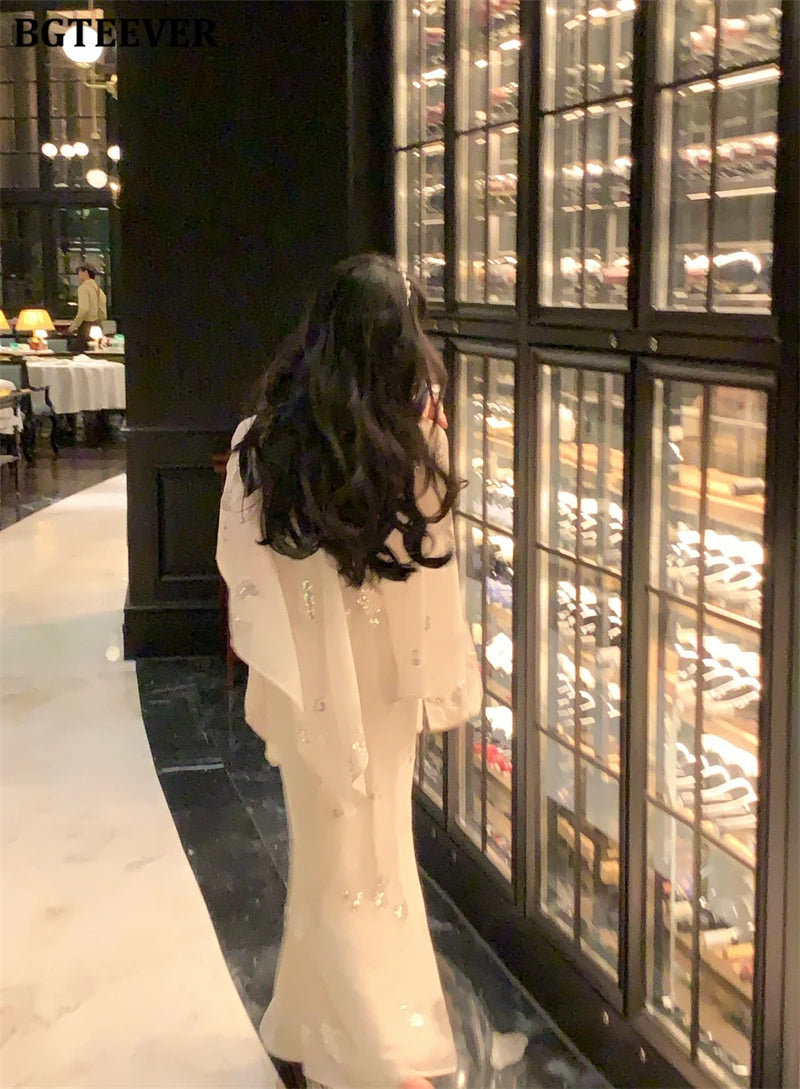 BGTEEVER Autumn Winte Slim OL Embroidery Set Long Sleeve Cardigans & Spaghetti Strap Package Hip Dress Ladies 2 Pieces Set