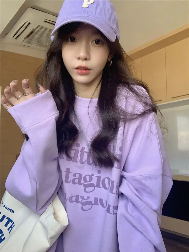 Oversize Round Neck Women's Hoodie Purple Spring and Autumn Thin Loose 2024 New Long Sleeved Top Plus Size Jacket