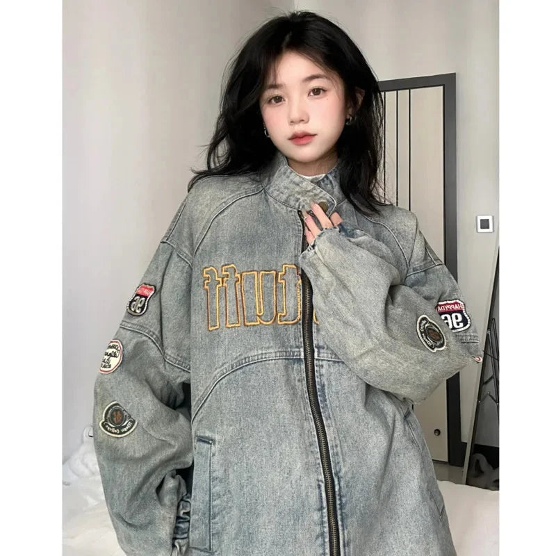 Unisex Embroidered Design Vintage Denim Jacket High Street Loose Coats Hip Hop Stand Collar Baseball Jacket for Women