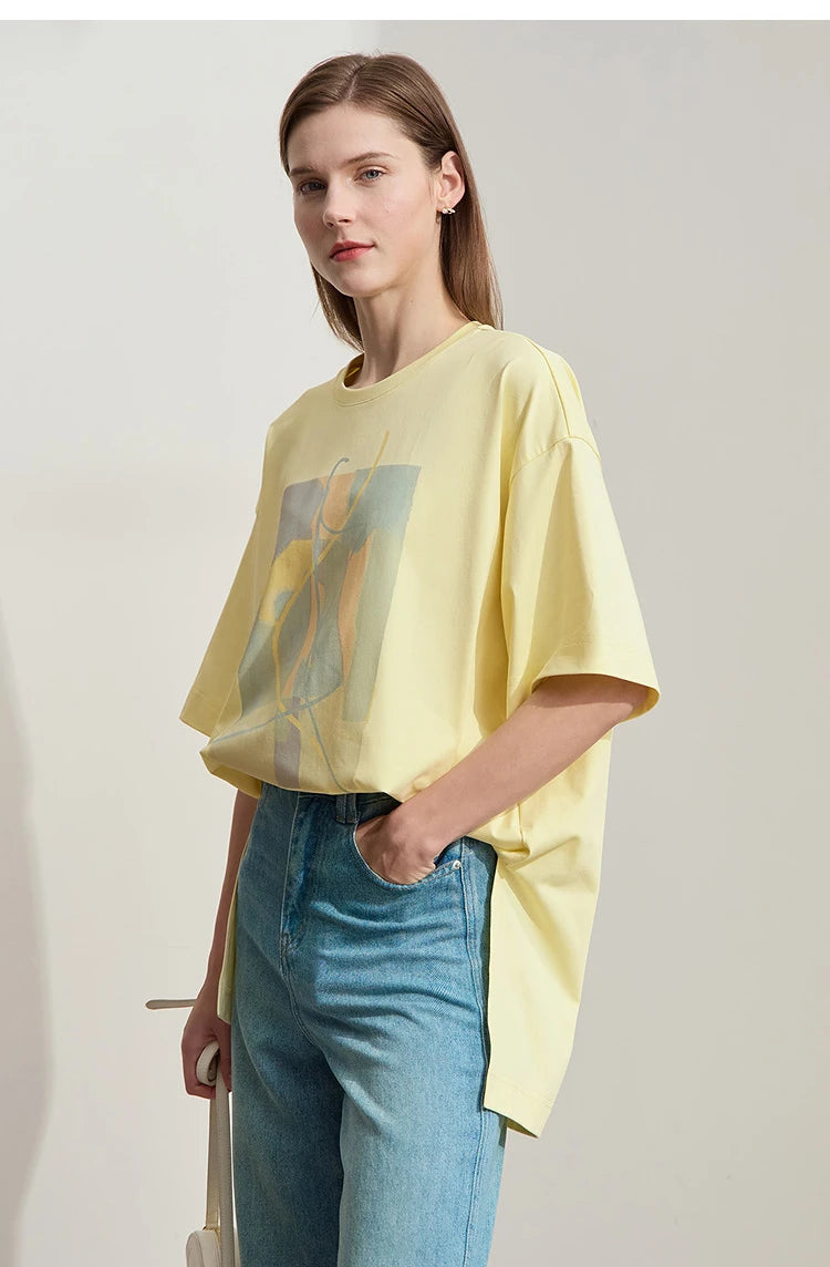 Amii Minimalist Summer T-shirt Women Irregular Design Tops Casual O-neck Abstract Print Loose Dropped Shoulder T-shirt 12522081