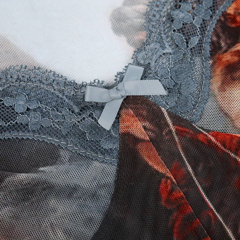 Rockmore  Vintage Printed Mesh Bodysuits Women Lace Bow Square Neck High Waist Wrapping Long Sleeve Bodysuit Halloween Christmas