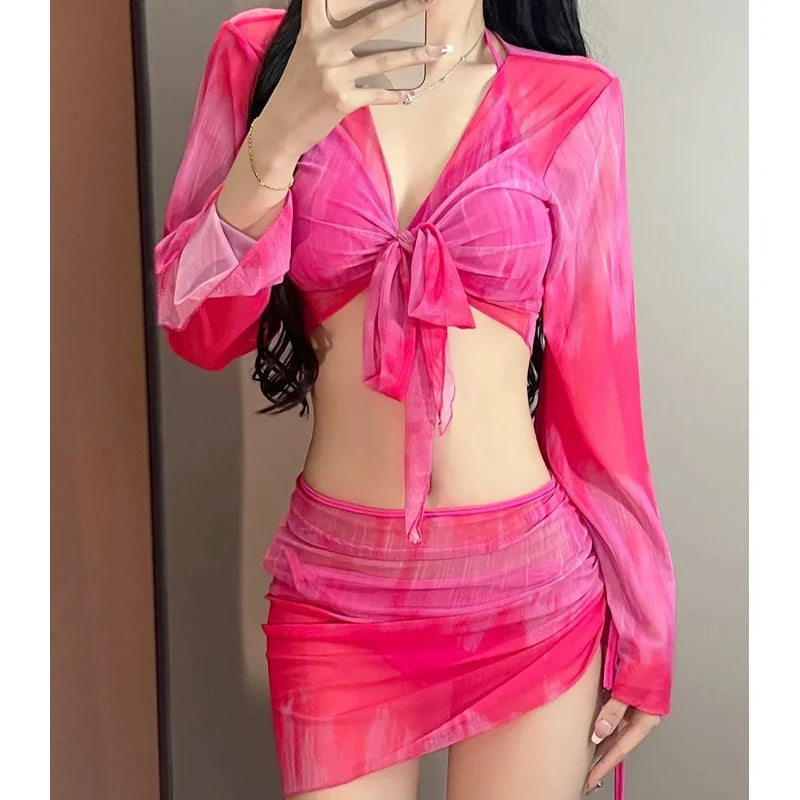 4 Piece Bikini Set Women Blue Tie Dye Mesh Long Sleeve Cover Up with Pleate Skirt Swimsuit Beach Bathing Suit Swimwear
