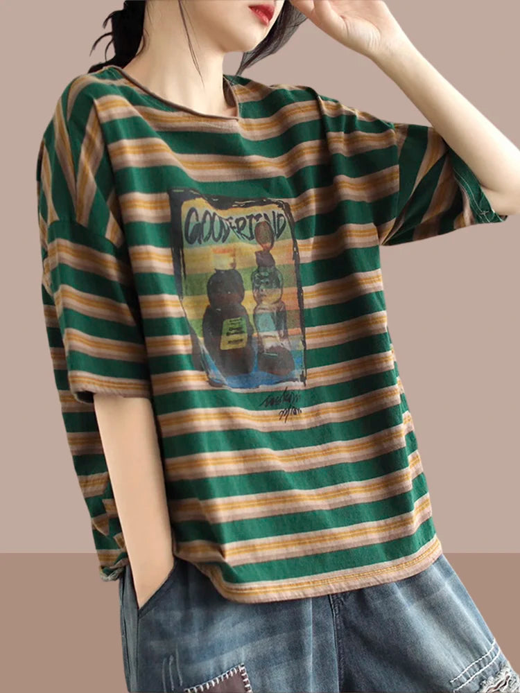 plus Size Women's Cotton T-irt ort Sve Slimming Top Summer Street Sle Printed round Ne Loose Fit Casual Wear