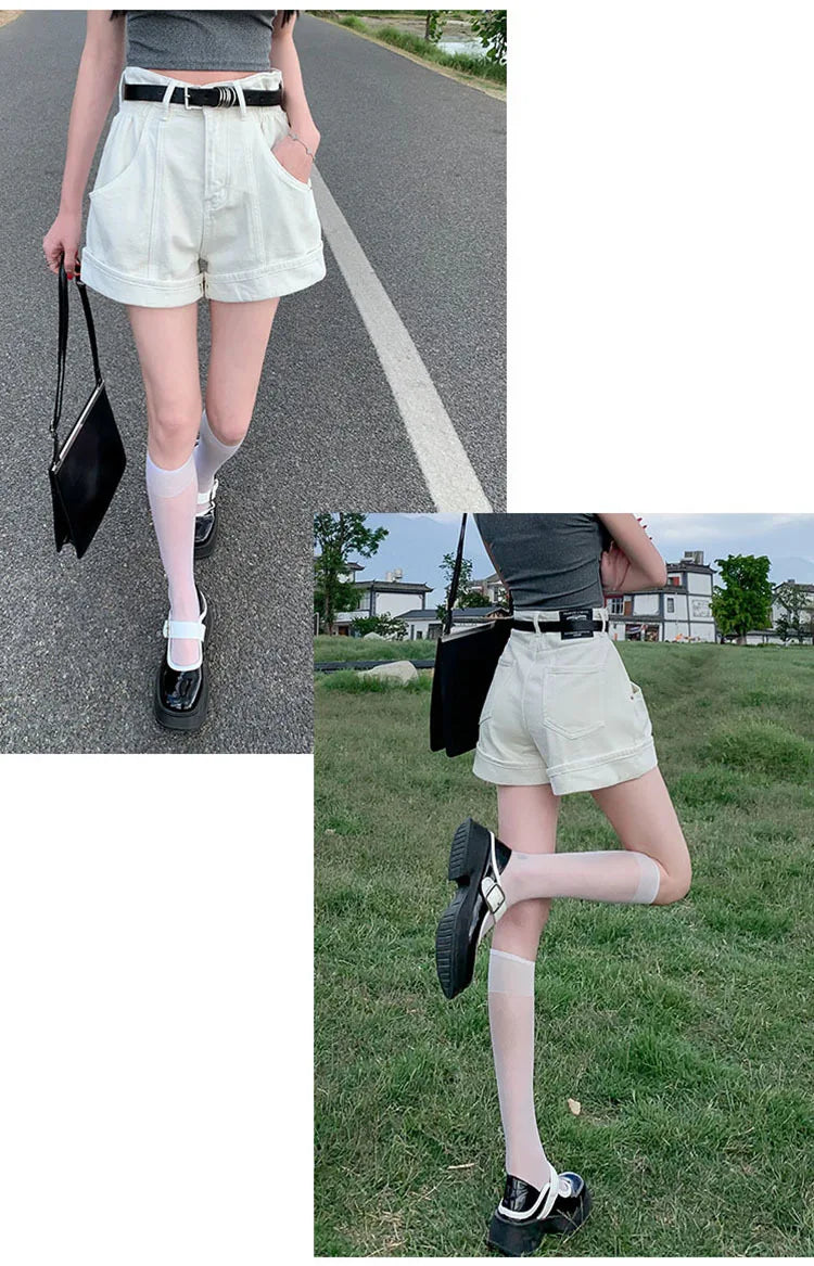 Women's Wine Red Denim Shorts High Waist Wide Shorts Harajuku Streetwear Korean Style Y2k Casual Blue A Line Jean Shorts Summer