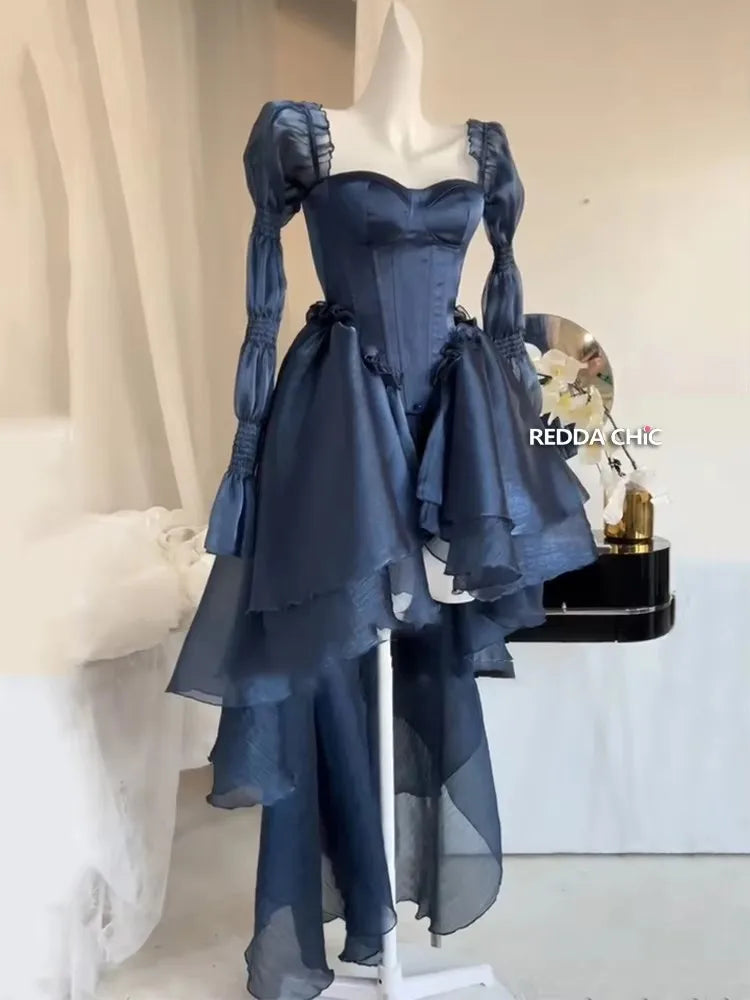 REDDACHiC Royal Blue Beaded Trailing Mini Dress Stain Jacquard Corset Laced Puff Sleeves Princess Dress Women Wedding Party Gown