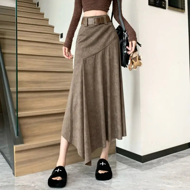 Women Clothing Autumn Korean Fashion Vintage High Waist Asymmetrical Skirts Female Elegant Chic Tie Dye Slim Long Skirt Faldas