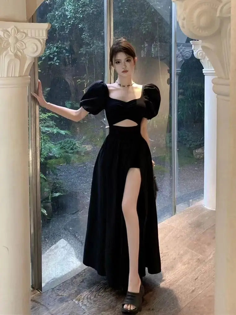 Short Puff Sleeve Black Dress Women Hollow Out Design Split Square Collar Temper Korean Style Fashion Ladies Attractive Ulzzang