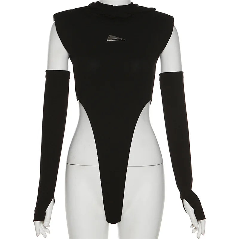 Fashion Solid Color Hooded Bodysuit One Piece Sexy Round Neck Sleeveless Lingerie Sexy Casual Slim Streetwear Festival Outfit