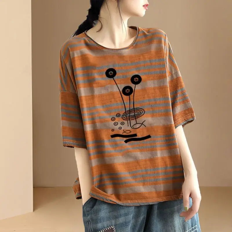 Contrast Color Striped Short-sleeved T-shirt for Women 2025 Summer New Loose Plus Size Top