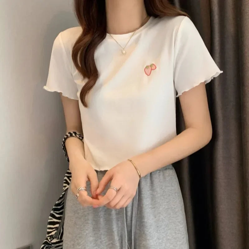 Summer Embroidered Short T-shirt Women Wooden Edge Irregular Slim Short Sleeve Top Plant Pattern Fiber Fabric Elegant Style