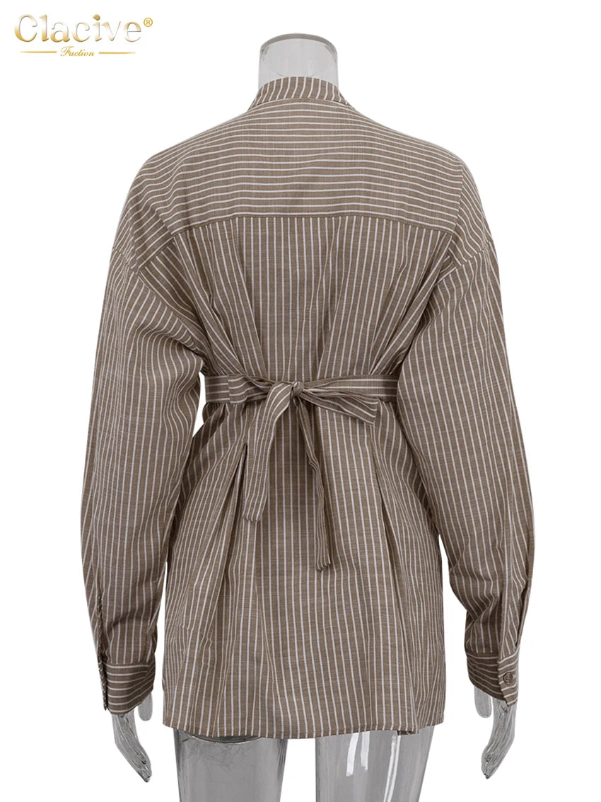 Clacive Vintage Loose Brown Stripe Women Shirts 2025 Fashion Stand Collar Long Sleeve Shirt Elegant Classic Top Female Clothing
