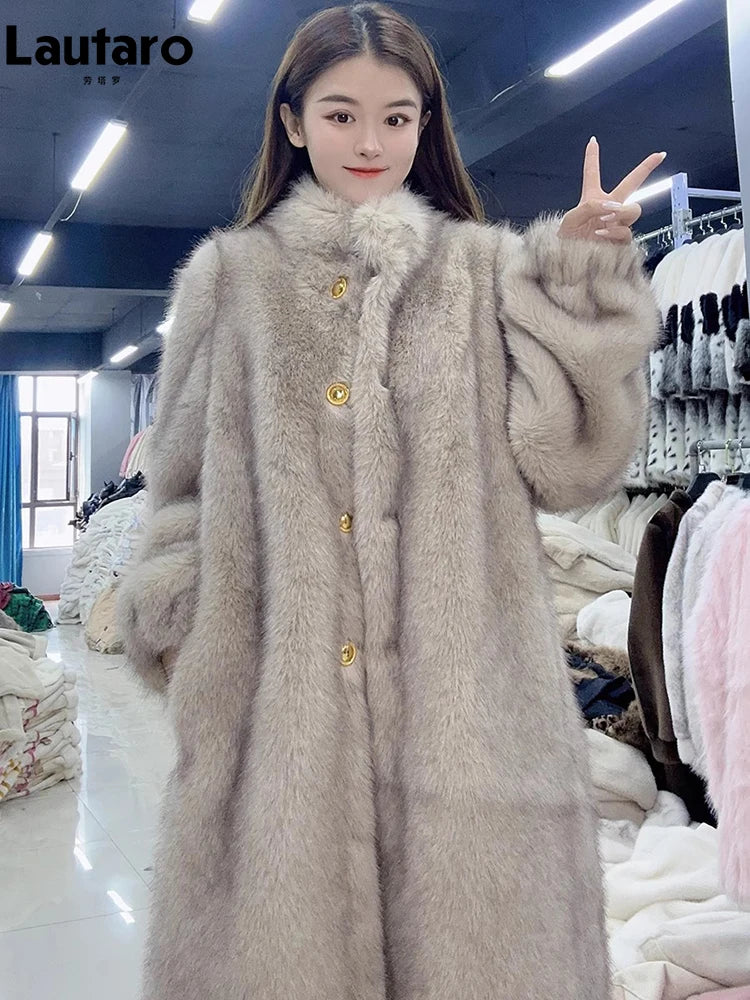 Lautaro Autumn Winter Long Thick Warm Hairy Soft Faux Fox Fur Coat Women Stand Collar Elegant Luxury Chic Fluffy Jacket 2024