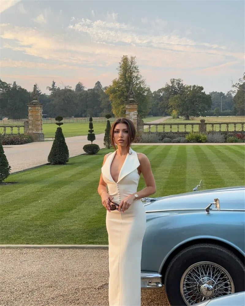 Mozision Halter Deep V Neck Sleeveless Sexy Maxi Dress For Women Elegant Backless Bodycon Tank Dress Femme Fashion Long Dress