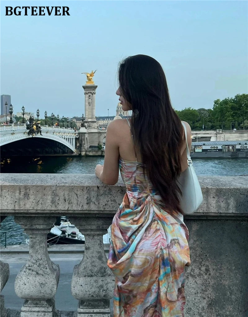 BGTEEVER Summer Fashion Slim Women Spaghetti Strap Midi Printed Dress Elegant Ladies Sleeveless Side Split Bodycon Dress