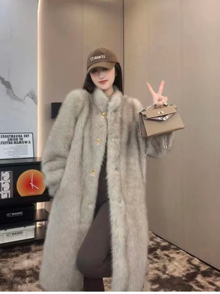Lautaro Autumn Winter Long Thick Warm Hairy Soft Faux Fox Fur Coat Women Stand Collar Elegant Luxury Chic Fluffy Jacket 2024