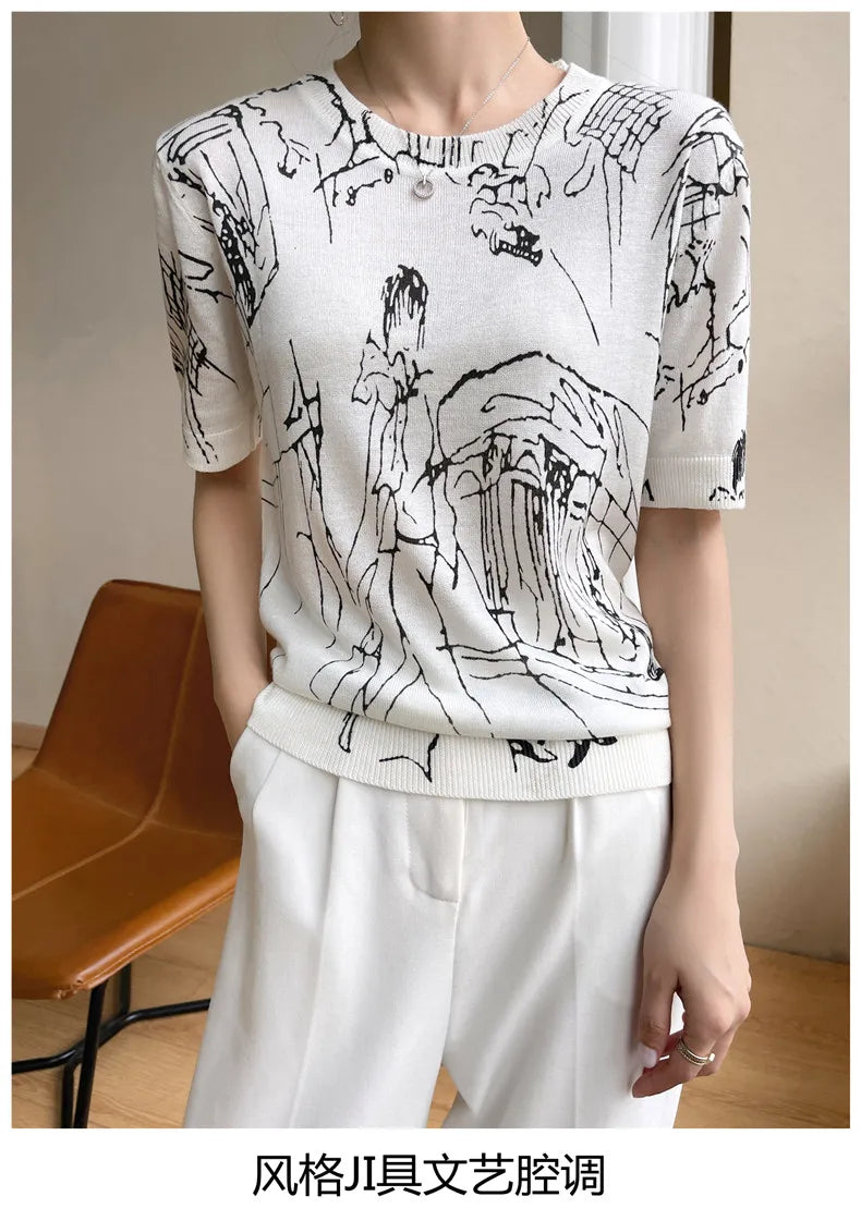 2022 new cashmere short sleeve spring and summer women's fashion short sleeve O-neck Pullover cashmere sweater graffiti short sl