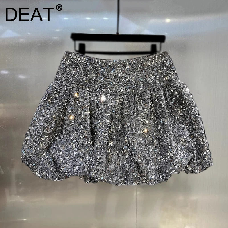 DEAT Fashion Women's Heavy Industry Sequins Skirts For Women Trendy Zipper Wrap Hip Ball Gown Skirt Female Spring New 11A02566