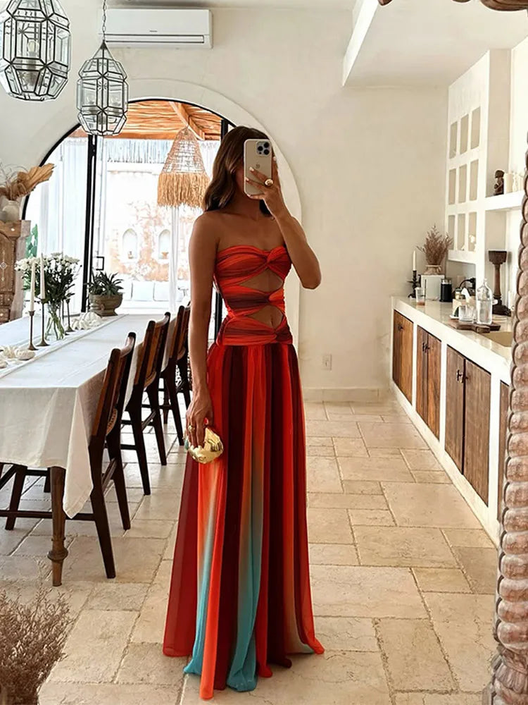 Summer New Colorful Print Beach Dress For Women Sexy Hollow Out High Waist Pleated Maxi Dresses 2025 Vocation Female Vestidos