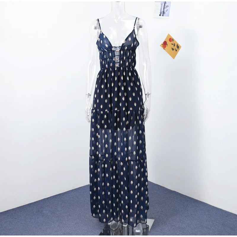 Retro Polk Dot Long Dress With Ribbon Women Sexy Low Cut Sleeveless Pleated Slim Evening Dresses Female Spring Chic Street Party