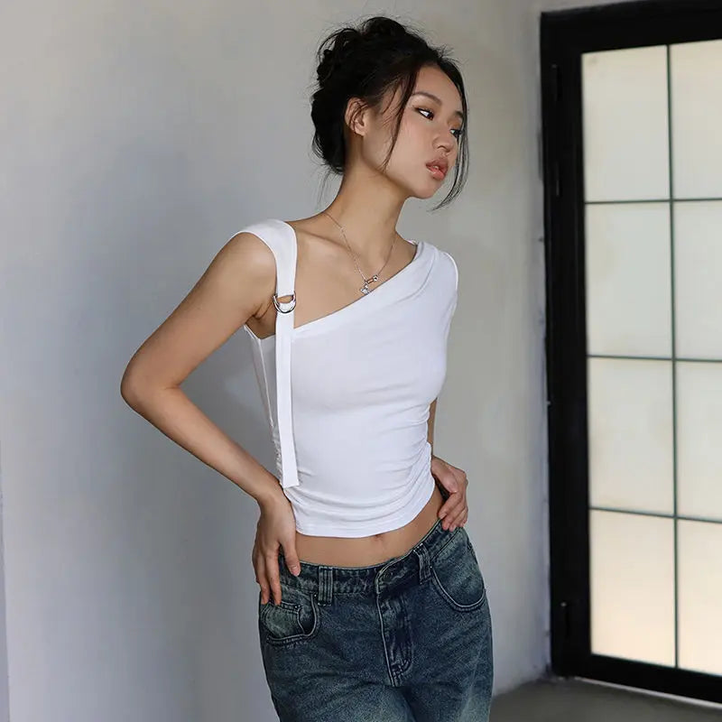 Summer T-shirts Women Sexy Folds Sweet Irregular Bandage Design Slim Chic Skew Collar Crop Tops Aesthetic Club American Clothes