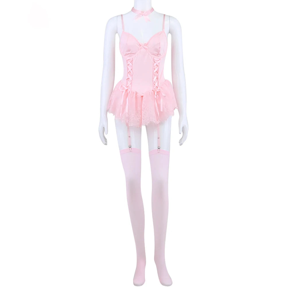 Sexy Lingerie Women Corset Lace Bodysuit 5-Piece Set with Stockings & Garter Belt OnlyFans Tightening Fantasy Underwear