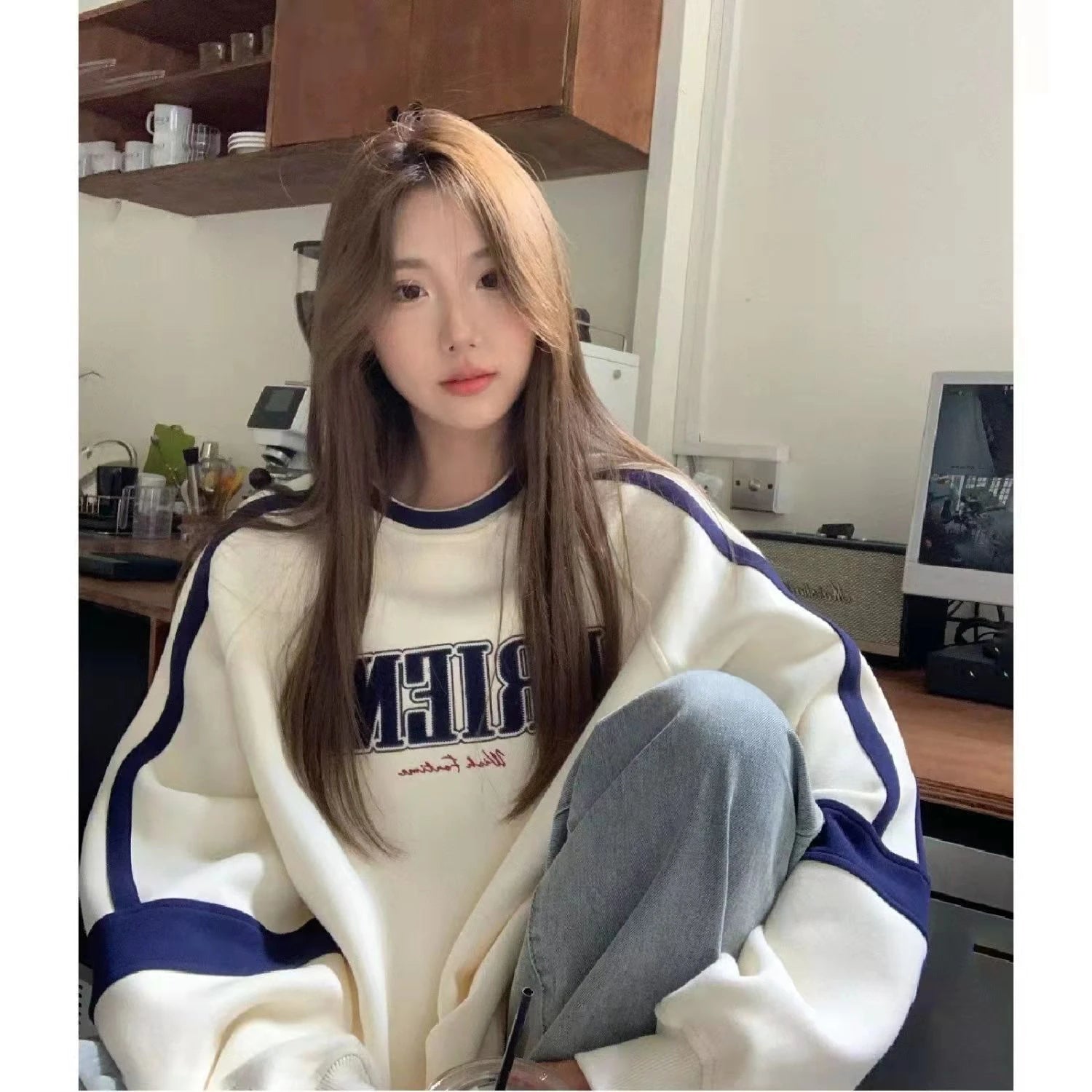 Autumn White Women Clothing Vintage Street Sweatshirt Y2K Stripe Letter Printing Pullover Long Sleeves Warm Oversize Ladies Tops