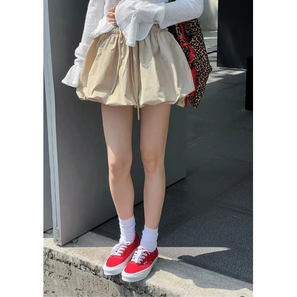 「MD」Retro Puffy Skirt Dstring Bloomer High Waist Slimming Elastic Waist f-length ort Skirt Sweet Sle Polyester Fiber