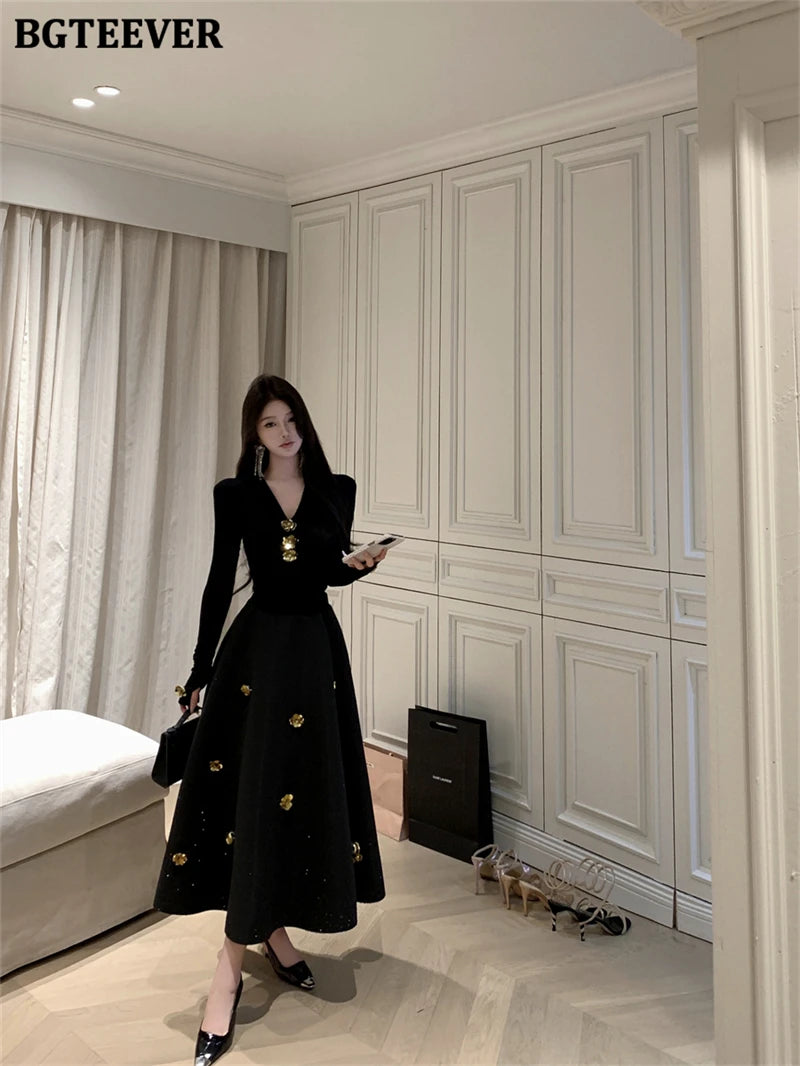 BGTEEVER Spring Elegant Ladies 2 Pieces Skirt Set Long Sleeve V-neck Pullovers & High Waist Loose A-line Skirts Women Outfits