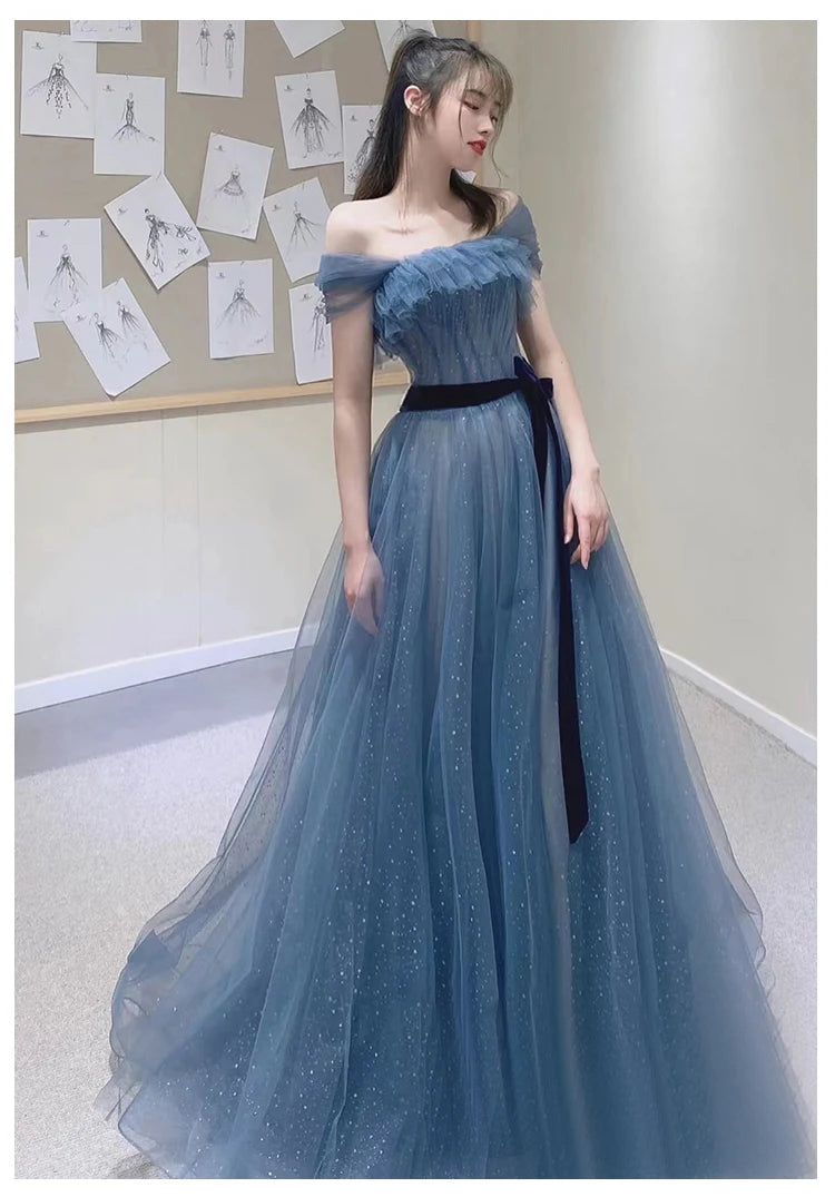 New greydish blue long sweat lady girl women princess bridesmaid banquet party prom dress gown