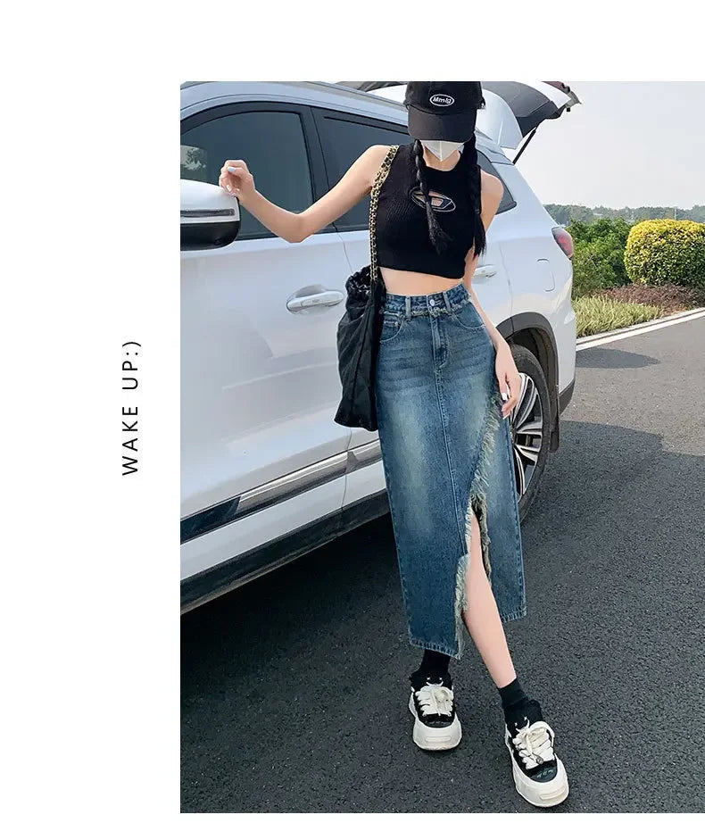 Fashionable Denim Skirt For Women High-waisted A- line Hip Covering Long Dress Casual Style Perfect For Summer 2024