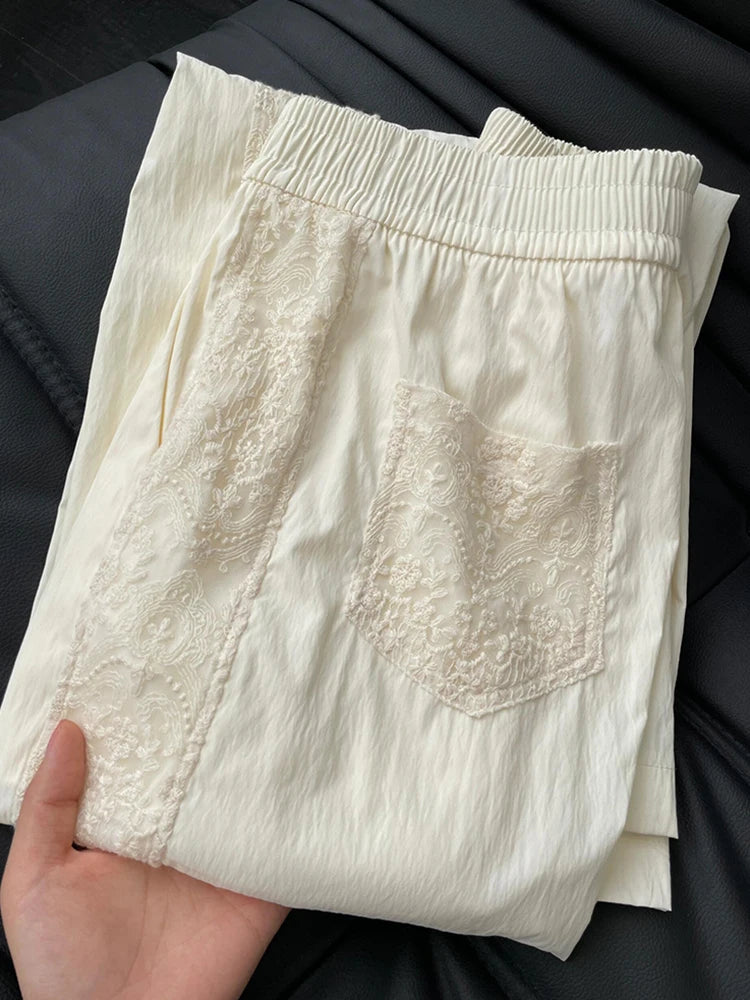 Zoki Lace Patchwork Sweet Pants Women Casual Korean High Waist Fashion Straight Trousers Loose Chic Female Summer Design Pants