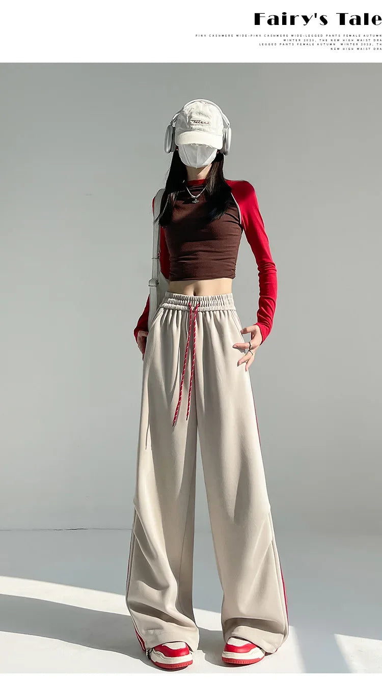 New 2025 American Stripe Sports Pants Women's Spring Autumn Wide Leg Loose Jazz Dance Casual Parachute Long Trousers