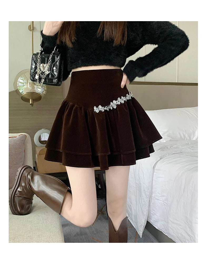 Bla Velvet Cake f Skirt Women's Autumn Winter High Waist A-Line Fluffy ort Skirt Small Size Pleated f Skirt