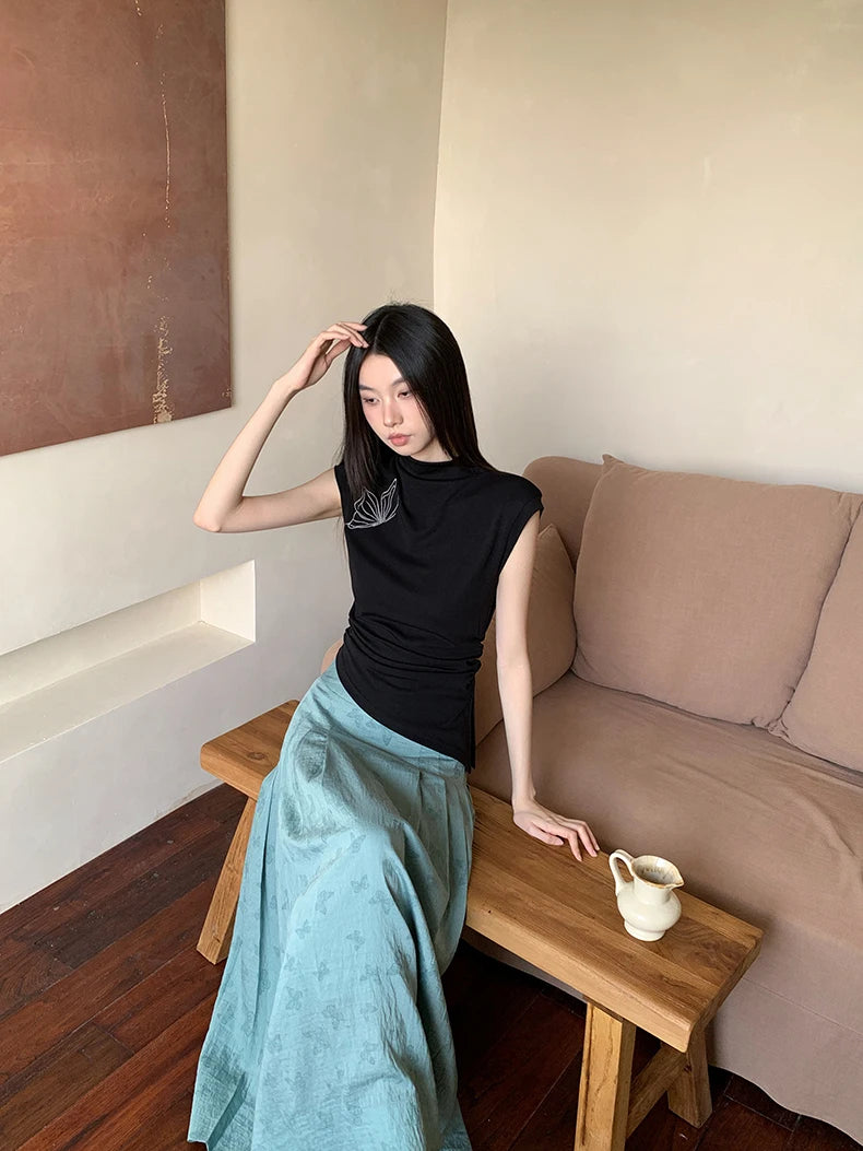 CHEERART Vintage Butterfly Sleeveless Black T Shirts Women Turtleneck Asymmetrical Top Designer Fashion Crop Top Clothing