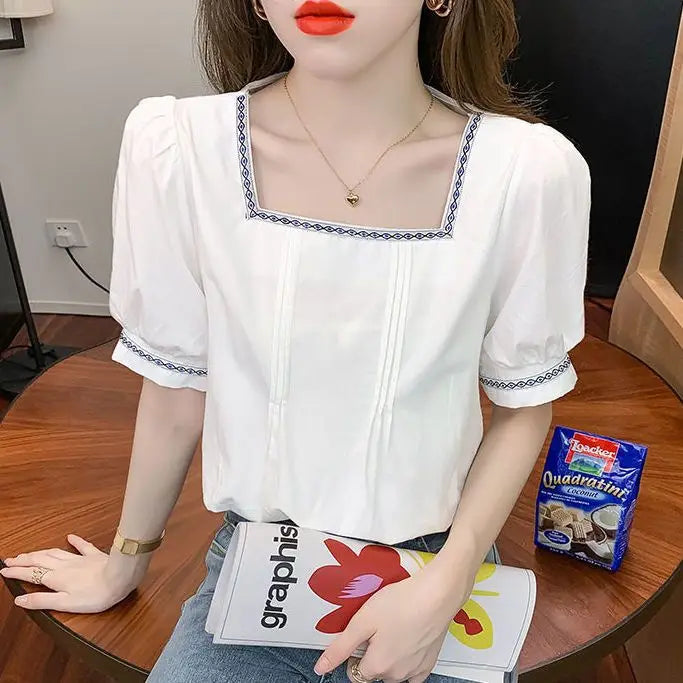 Women Clothing Summer Korean Fashion Embroidered Solid Color Square Collar Puff Sleeve Femme All-match Pleated Short Sleeve Tops